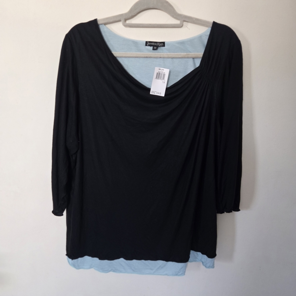 Vintage Y2k Layered Look Basic Black Long Sleeve Top Super Stretch NWT sz 1X